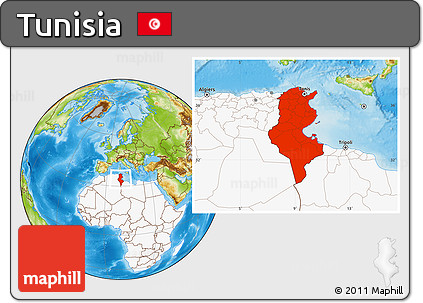Physical Location Map of Tunisia, highlighted continent