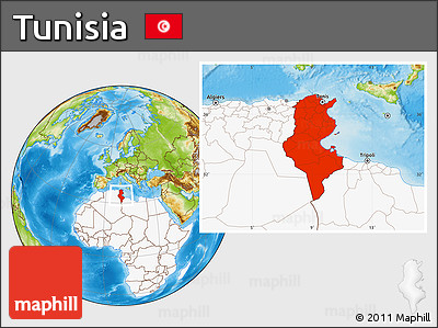 Physical Location Map of Tunisia, highlighted continent