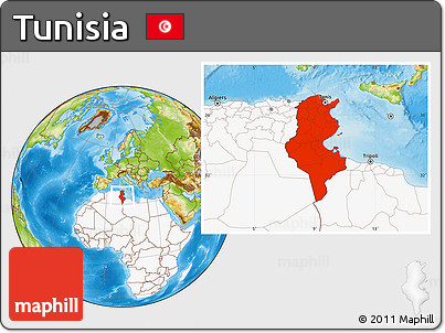 Physical Location Map of Tunisia, highlighted continent
