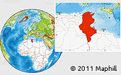 Physical Location Map of Tunisia, highlighted continent