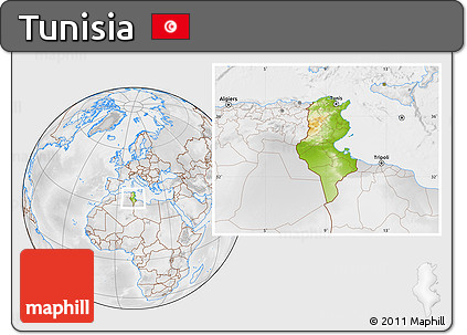 Physical Location Map of Tunisia, lighten, desaturated