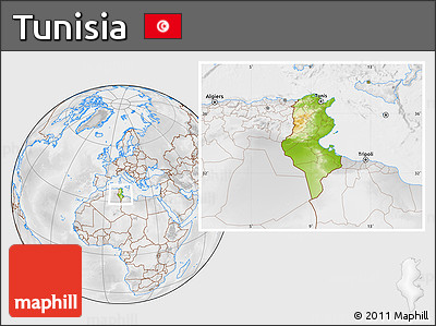 Physical Location Map of Tunisia, lighten, desaturated
