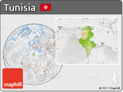 Physical Location Map of Tunisia, lighten, desaturated