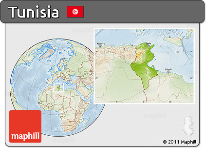 Physical Location Map of Tunisia, lighten