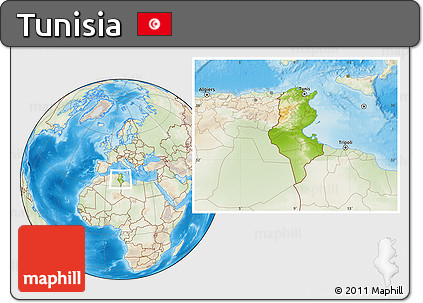 Physical Location Map of Tunisia, lighten, land only