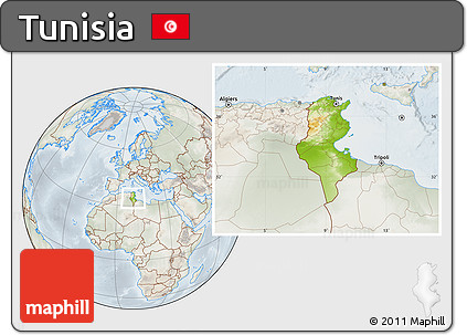 Physical Location Map of Tunisia, lighten, semi-desaturated