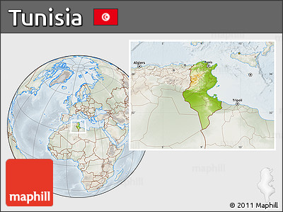 Physical Location Map of Tunisia, lighten, semi-desaturated