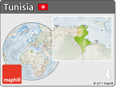 Physical Location Map of Tunisia, lighten, semi-desaturated
