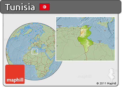 Physical Location Map of Tunisia, savanna style outside, hill shading