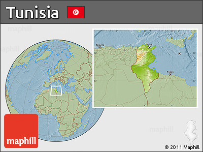 Physical Location Map of Tunisia, savanna style outside, hill shading