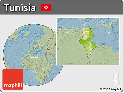 Physical Location Map of Tunisia, savanna style outside, hill shading
