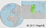 Political Location Map of Tunisia, gray outside, hill shading