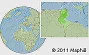 Political Location Map of Tunisia, savanna style outside, hill shading