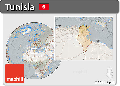 Satellite Location Map of Tunisia, lighten, semi-desaturated