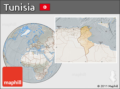 Satellite Location Map of Tunisia, lighten, semi-desaturated