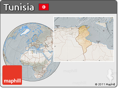 Satellite Location Map of Tunisia, lighten, semi-desaturated
