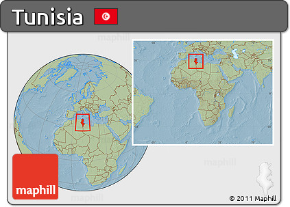 Savanna Style Location Map of Tunisia, within the entire continent, hill shading