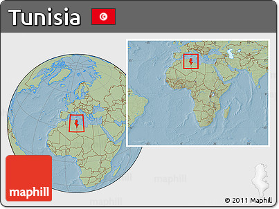 Savanna Style Location Map of Tunisia, within the entire continent, hill shading