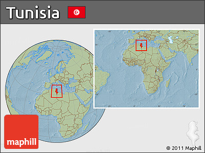 Savanna Style Location Map of Tunisia, within the entire continent, hill shading