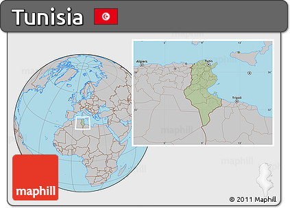 Savanna Style Location Map of Tunisia, gray outside, hill shading inside