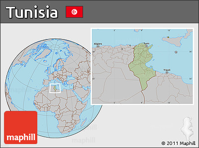 Savanna Style Location Map of Tunisia, gray outside, hill shading inside