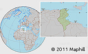 Savanna Style Location Map of Tunisia, gray outside, hill shading inside