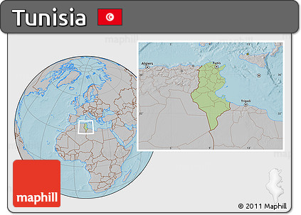 Savanna Style Location Map of Tunisia, gray outside, hill shading outside
