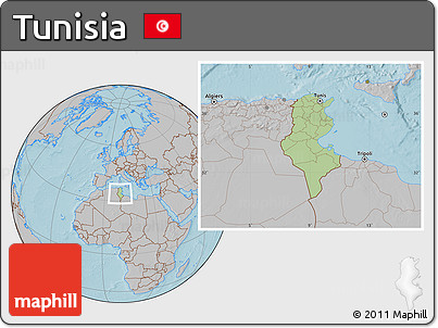 Savanna Style Location Map of Tunisia, gray outside, hill shading outside