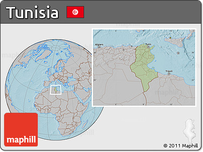 Savanna Style Location Map of Tunisia, gray outside, hill shading