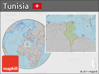 Savanna Style Location Map of Tunisia, gray outside, hill shading