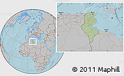 Savanna Style Location Map of Tunisia, gray outside, hill shading