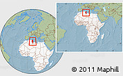 Savanna Style Location Map of Tunisia, highlighted continent, within the entire continent, hill shading