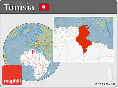 Savanna Style Location Map of Tunisia, highlighted continent, hill shading