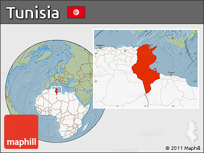 Savanna Style Location Map of Tunisia, highlighted continent, hill shading