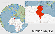 Savanna Style Location Map of Tunisia, highlighted continent, hill shading