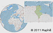 Savanna Style Location Map of Tunisia, lighten, desaturated, land only, hill shading