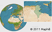 Savanna Style Location Map of Tunisia, satellite outside, hill shading