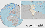 Shaded Relief Location Map of Tunisia, gray outside, hill shading