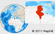 Shaded Relief Location Map of Tunisia, highlighted continent