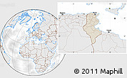 Shaded Relief Location Map of Tunisia, lighten, desaturated