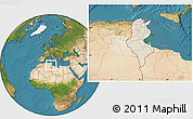 Shaded Relief Location Map of Tunisia, satellite outside