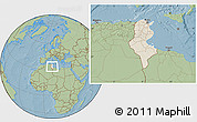 Shaded Relief Location Map of Tunisia, savanna style outside, hill shading