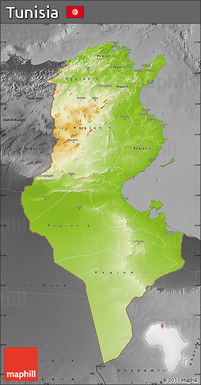 Physical Map of Tunisia, darken, desaturated