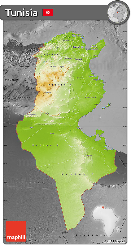 Physical Map of Tunisia, darken, desaturated
