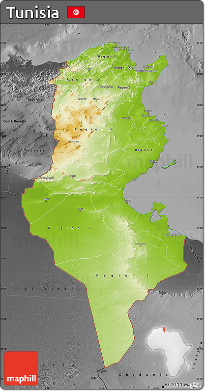 Physical Map of Tunisia, darken, desaturated