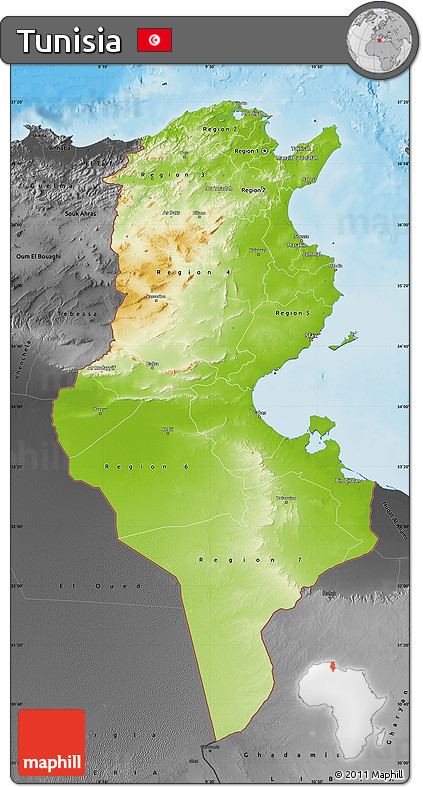 Physical Map of Tunisia, darken, desaturated, land only