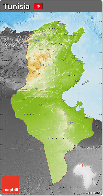 Physical Map of Tunisia, darken, desaturated, land only