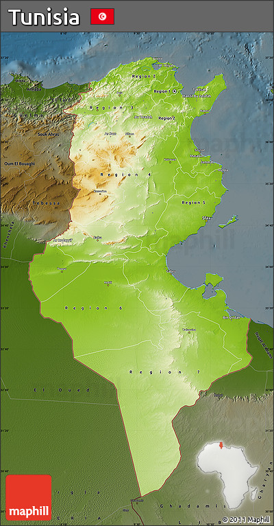 Physical Map of Tunisia, darken