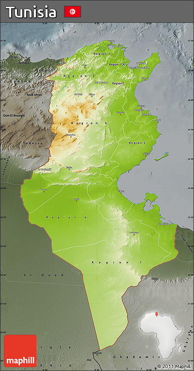 Physical Map of Tunisia, darken, semi-desaturated