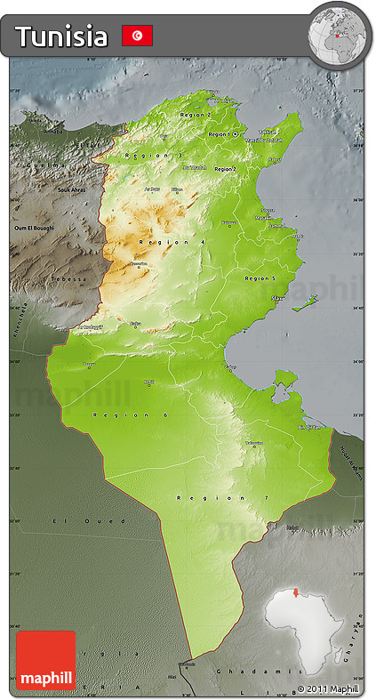 Physical Map of Tunisia, darken, semi-desaturated